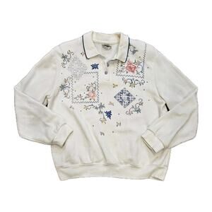 Vtg Teddi Floral Collared Sweatshirt Womens PXL Embroidered Look Boho Grandma